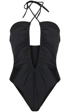 Black Scoop Neck Ruched Swimsuit