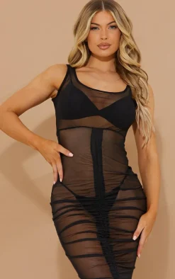 Black Scoop Neck Ruched Sheer Mesh Midaxi Dress