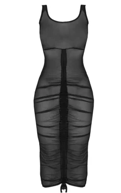 Black Scoop Neck Ruched Sheer Mesh Midaxi Dress