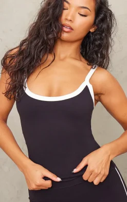 Black Sculpt Contrast Detail Strappy Gym Vest