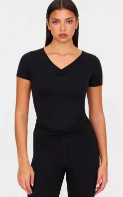 Black Sculpt Gathered Short Sleeve Bodysuit