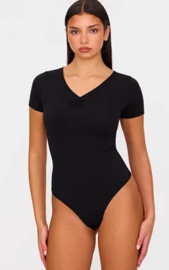 Black Sculpt Gathered Short Sleeve Bodysuit