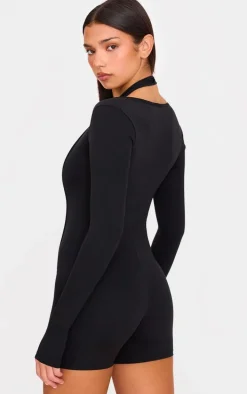 Black Sculpt Halter Long Sleeve Gym Unitard