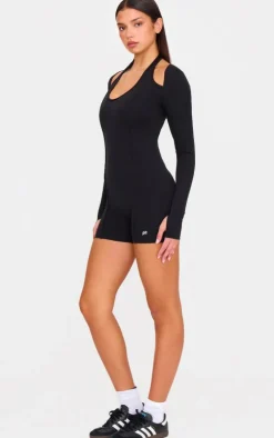 Black Sculpt Halter Long Sleeve Gym Unitard