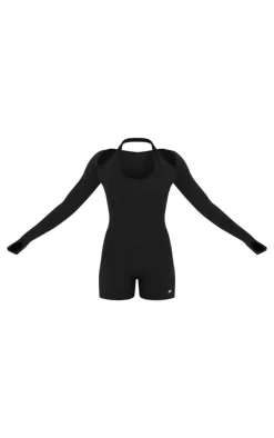 Black Sculpt Halter Long Sleeve Gym Unitard