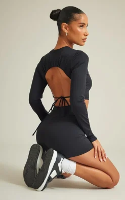 Black Sculpt Ruched Cut Out Tie Back Long Sleeve Top