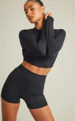 Black Sculpt Ruched Cut Out Tie Back Long Sleeve Top