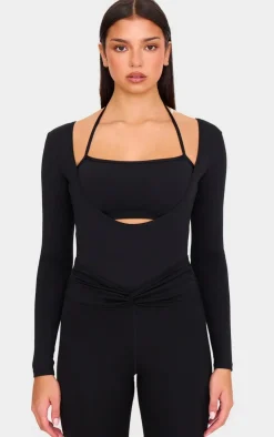 Black Sculpt Tie Detail Long Sleeve Bodysuit