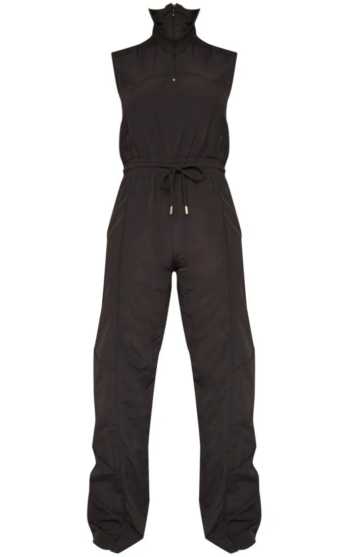 Black Seam Detail Elasticated Zip Up Jumpsuit