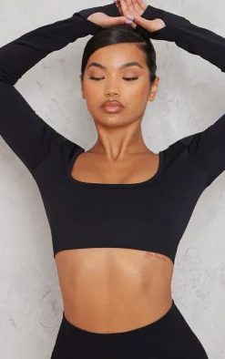 Black Seamless Basic Square Neck Long Sleeve Gym Top