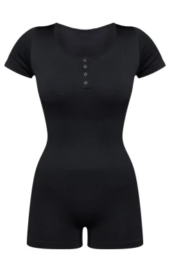 Black Seamless Button Detail Short Sleeve Unitard