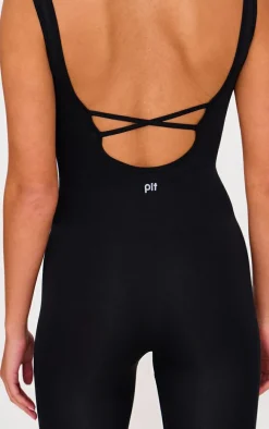Black Seamless Cross Back Long Gym Unitard