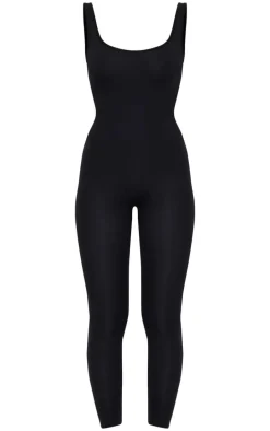 Black Seamless Cross Back Long Gym Unitard