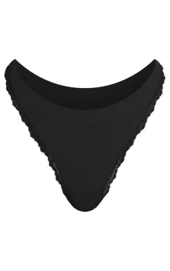 Black Seamless Rib Lace Trim Thong