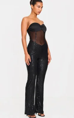 Black Sequin Bandeau Sheer Panel Jumpsuit