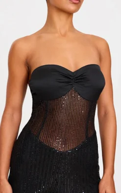 Black Sequin Bandeau Sheer Panel Jumpsuit