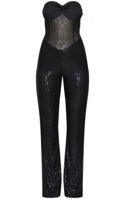 Black Sequin Bandeau Sheer Panel Jumpsuit