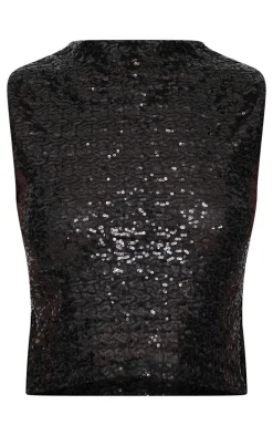 Black Sequin Boat Neck Long Top
