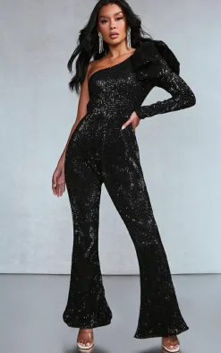 Black Sequin Bow One Shoulder Flared Jumpsuit