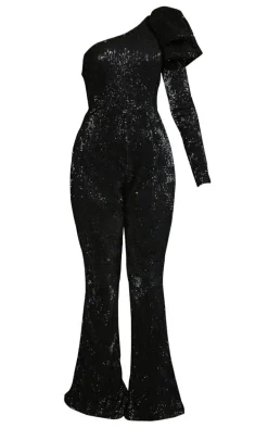Black Sequin Bow One Shoulder Flared Jumpsuit