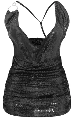 Black Sequin Cowl Neck Ring Detail Skort Romper