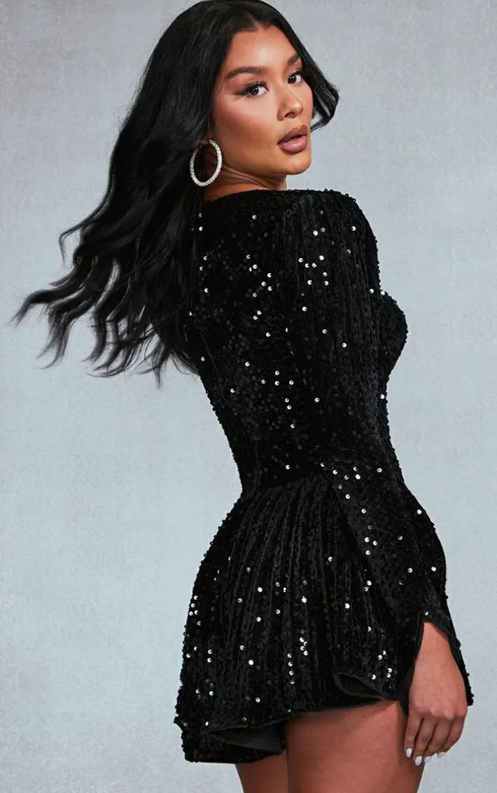 Black Sequin Cup Detail Long Sleeve Skater Romper