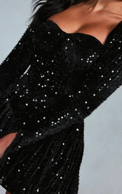Black Sequin Cup Detail Long Sleeve Skater Romper