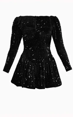 Black Sequin Cup Detail Long Sleeve Skater Romper