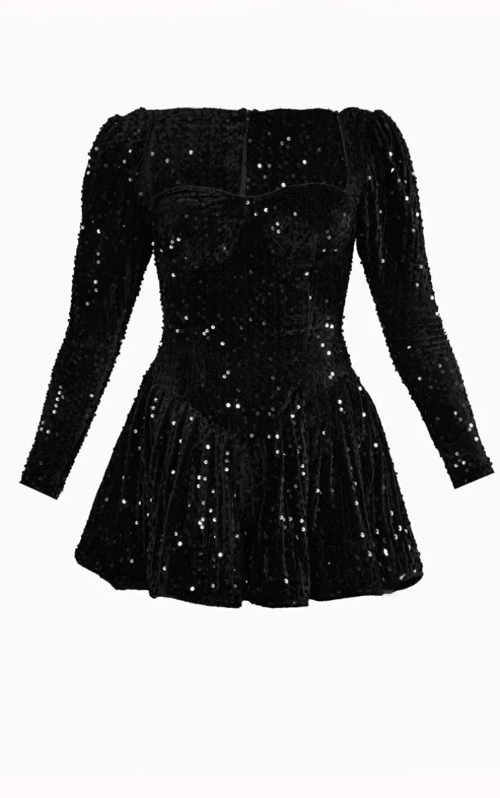 Black Sequin Cup Detail Long Sleeve Skater Romper