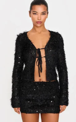 Black Sequin Eyelash Micro Mini Skirt
