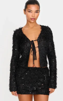 Black Sequin Eyelash Tie Plunge Top