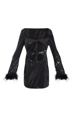 Black Sequin Feather Tie Front Cut Out Feather Trim Shift Dress