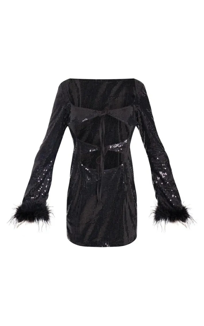 Black Sequin Feather Tie Front Cut Out Feather Trim Shift Dress