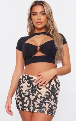 Black Sequin Jacquard Panties Insert Mini Skirt