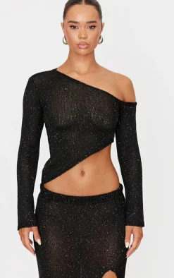 Black Sequin Knit Asymmetric Long Sleeve Crop Top