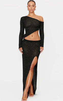 Black Sequin Knit Asymmetric Long Sleeve Crop Top