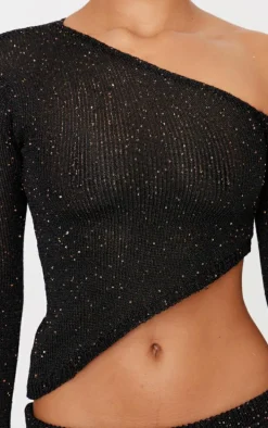 Black Sequin Knit Asymmetric Long Sleeve Crop Top
