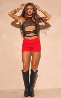 Black Sequin Knit High Neck Cut Out Top