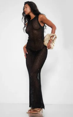 Black Sequin Knit Racer Maxi Dress