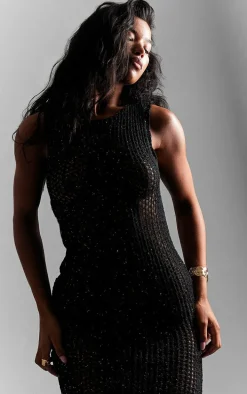 Black Sequin Knit Racer Maxi Dress