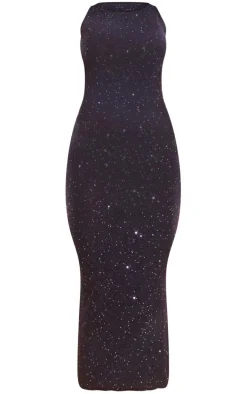 Black Sequin Knitted Racer Neck Maxi Dress