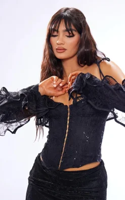 Black Sequin Lace Detail Boned Bardot Corset