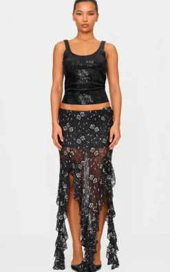Black Sequin Lace Drape Detail Maxi Skirt