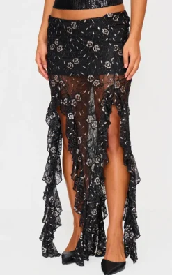 Black Sequin Lace Drape Detail Maxi Skirt