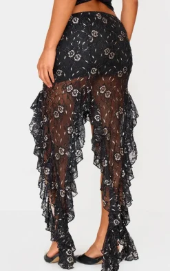 Black Sequin Lace Drape Detail Maxi Skirt