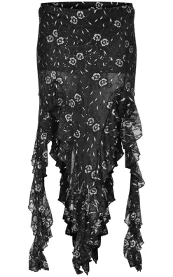 Black Sequin Lace Drape Detail Maxi Skirt