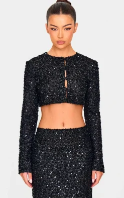 Black Sequin Long Sleeve Button Up Cardigan