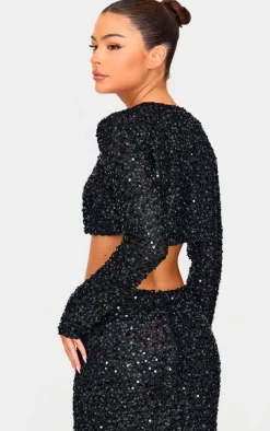 Black Sequin Long Sleeve Button Up Cardigan