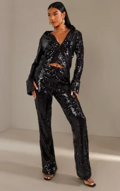 Black Sequin Low Rise Flared Pants