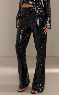 Black Sequin Low Rise Flared Pants